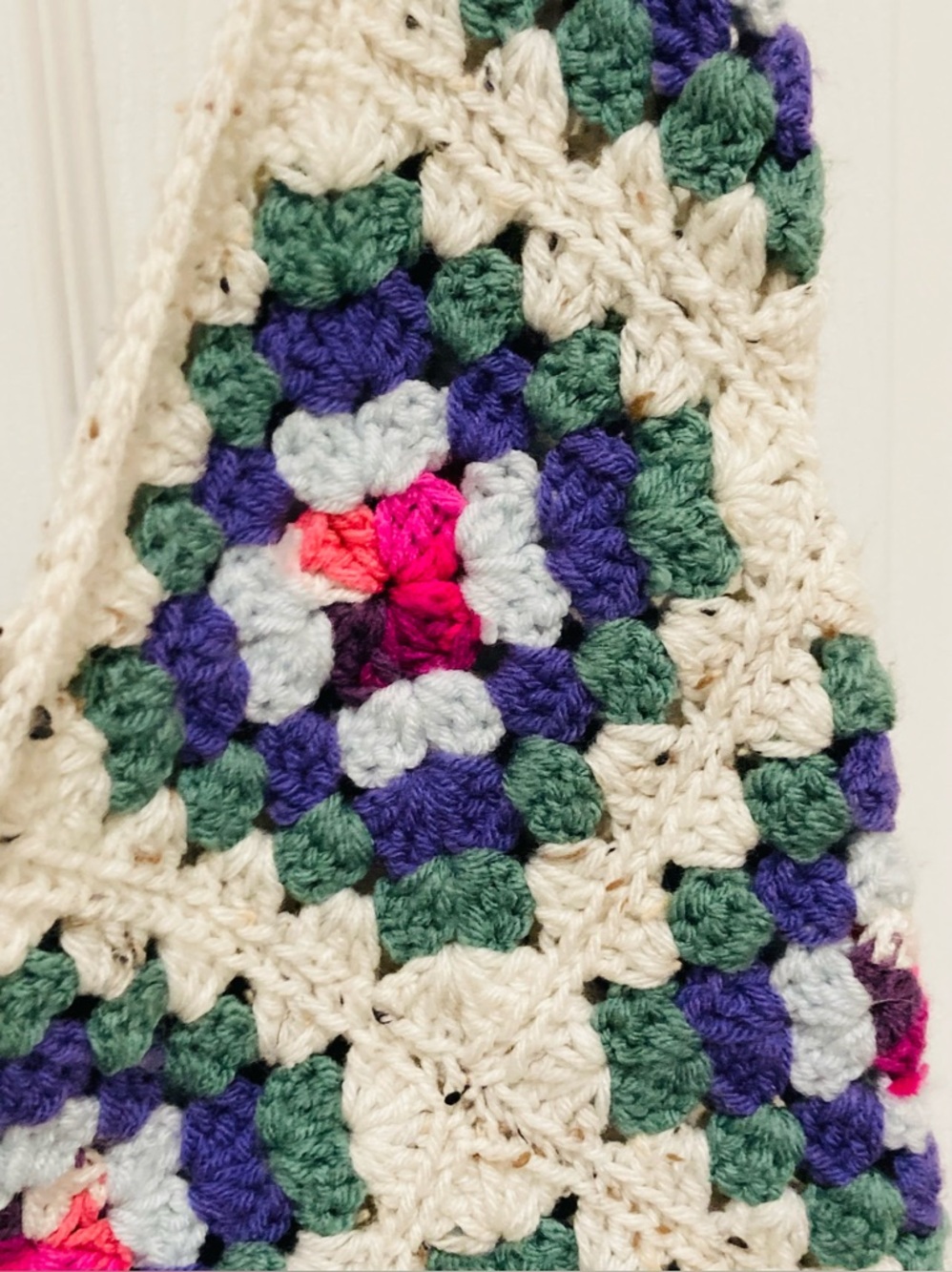 Handmade Crochet Granny Square Boho Shoulder Bag in Cream, Green & Blue - Picture 6 of 8